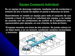 Equipo Compacto Individual
Es un equipo de descarga indirecta, mediante red de conductos y
emisión de aire a través de rejillas en pared o difusores en techo.
Generalmente se instala un equipo para todo el conjunto de una
vivienda o local. El control es individual por equipo, y se realiza
de acuerdo con las condiciones de confort de la habitación más
representativa (por ejemplo, en una vivienda, la Sala de Estar).
El equipo necesita una toma de aire exterior. Se puede colocar en
un falso techo o en un armario, existiendo modelos horizontales
y verticales.
 