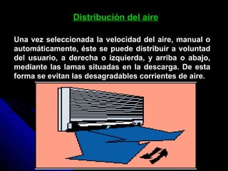 Distribución del aire
Una vez seleccionada la velocidad del aire, manual o
automáticamente, éste se puede distribuir a voluntad
del usuario, a derecha o izquierda, y arriba o abajo,
mediante las lamas situadas en la descarga. De esta
forma se evitan las desagradables corrientes de aire.
 