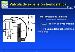 Válvula de expansión termostática

P1

N

P1 : Presión de un fluido
(calculada para la aplicación)

Pevap

N

Pevap : Presión de evaporación

F : Fuerza del muelle (reglada
en fábrica)

N

F

Propiedad de Valeo, prohibida su reproducción

Cap 13

105

 