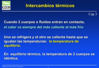 Intercambios térmicos
Cap 3
Cuando 2 cuerpos o fluidos entran en contacto,
el calor va siempre del más caliente al más frío
Uno se refrigera y el otro se calienta hasta que se
igualan las temperaturas: la temperatura de
equilibrio.
En equilibrio térmico, la temperatura de 2 cuerpos es
idéntica.
Propiedad de Valeo, prohibida su reproducción

12

 