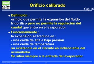 Orificio calibrado

Cap 16

Definición :
orificio que permite la expansión del fluido
frigorífico pero no permite la regulación del
caudal que entra en el evaporador
G Funcionamiento :
la expansión se traduce en :
- una caída de alta a baja presión
- una caída de temperatura
su existencia en el circuito es indisociable del
acumulador.
Se sitúa siempre a la entrada del evaporador.
G

Propiedad de Valeo, prohibida su reproducción

129

 