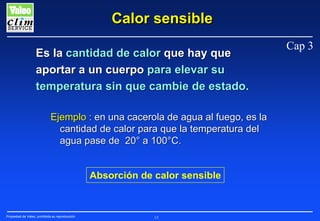 Calor sensible
Es la cantidad de calor que hay que
aportar a un cuerpo para elevar su
temperatura sin que cambie de estado.
Ejemplo : en una cacerola de agua al fuego, es la
cantidad de calor para que la temperatura del
agua pase de 20° a 100°C.
Absorción de calor sensible

Propiedad de Valeo, prohibida su reproducción

13

Cap 3

 