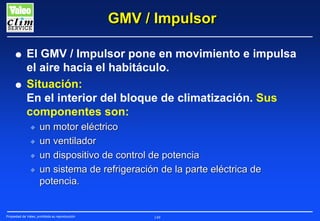 GMV / Impulsor
G

G

El GMV / Impulsor pone en movimiento e impulsa
el aire hacia el habitáculo.
Situación:
En el interior del bloque de climatización. Sus
componentes son:
N
N
N
N

un motor eléctrico
un ventilador
un dispositivo de control de potencia
un sistema de refrigeración de la parte eléctrica de
potencia.

Propiedad de Valeo, prohibida su reproducción

149

 