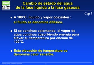 Cambio de estado del agua
de la fase líquida a la fase gaseosa
G

A 100°C, líquido y vapor coexisten :
el fluido se denomina difásico.

G

Si se continua calentando, el vapor de
agua continua absorbiendo energía para
elevar su temperatura por encima de
100°C.

G

Esta elevación de temperatura se
denomina calor sensible.

Propiedad de Valeo, prohibida su reproducción

15

Cap 3

 