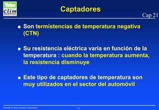 Captadores

Cap 21

G

Son termistencias de temperatura negativa
(CTN)

G

Su resistencia eléctrica varia en función de la
temperatura : cuando la temperatura aumenta,
la resistencia disminuye

G

Este tipo de captadores de temperatura son
muy utilizados en el sector del automóvil

Propiedad de Valeo, prohibida su reproducción

170

 