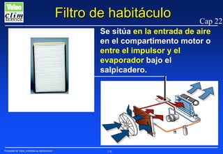 Filtro de habitáculo

Cap 22
Se sitúa en la entrada de aire
en el compartimento motor o
entre el impulsor y el
evaporador bajo el
salpicadero.

Propiedad de Valeo, prohibida su reproducción

178

 
