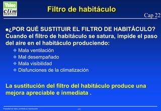 Filtro de habitáculo

Cap 22

G¿POR

QUÉ SUSTITUIR EL FILTRO DE HABITÁCULO?
Cuando el filtro de habitáculo se satura, impide el paso
del aire en el habitáculo produciendo:
N Mala ventilación
N Mal desempañado
N Mala visibilidad
N Disfunciones de la climatización

La sustitución del filtro del habitáculo produce una
mejora apreciable e inmediata .
Propiedad de Valeo, prohibida su reproducción

187

 