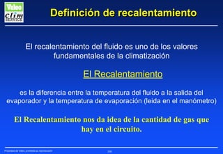 Definición de recalentamiento
El recalentamiento del fluido es uno de los valores
fundamentales de la climatización

El Recalentamiento
es la diferencia entre la temperatura del fluido a la salida del
evaporador y la temperatura de evaporación (leida en el manómetro)

El Recalentamiento nos da idea de la cantidad de gas que
hay en el circuito.
Propiedad de Valeo, prohibida su reproducción

208

 
