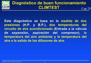 Diagnóstico de buen funcionamiento
CLIMTEST
Cap 25
Este diagnóstico se basa en la medida de dos
presiones (H.P. y B.P.), dos temperaturas del
circuito de aire acondicionado (Entrada a la válvula
de expansión, aspiración del compresor), la
temperatura del aire ambiente y la temperatura del
aire a la salida de los difusores de aire.

Propiedad de Valeo, prohibida su reproducción

231

 