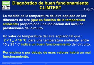 Diagnóstico de buen funcionamiento
CLIMTEST
Cap 25
La medida de la temperatura del aire soplado en los
difusores de aire (que es función de la temperatura
ambiente) proporciona una indicación del nivel de
prestaciones del circuito.
Un valor de temperatura del aire soplado tal que :
2 < Tas < 10 °C para una temperatura ambiente entre
15 y 25 ° C indica un buen funcionamiento del circuito.
Por encima o por debajo de esos valores habrá un mal
funcionamiento.
Propiedad de Valeo, prohibida su reproducción

235

 