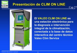 Presentación de CLIM ON LINE

Cap 27

El VALEO CLIM ON LINE es
una estación electrónica para
la diagnosis e intervención
integral de la climatización,
conectada a la base de datos
interactiva del centro técnico
Valeo Clim Service

Propiedad de Valeo, prohibida su reproducción

246

 
