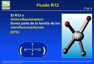 Fluido R12
El R12 o
diclorofluorometano
forma parte de la familia de los
clorofluorocarbonos
(CFC)

(
Propiedad de Valeo, prohibida su reproducción

F
CI

C
F

CI

)
36

Cap 6

 