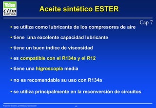 Aceite sintético ESTER
• se utiliza como lubricante de los compresores de aire

Cap 7

• tiene una excelente capacidad lubricante
• tiene un buen índice de viscosidad
• es compatible con el R134a y el R12
• tiene una higroscopía media
• no es recomendable su uso con R134a
• se utiliza principalmente en la reconversión de circuitos
Propiedad de Valeo, prohibida su reproducción

49

 