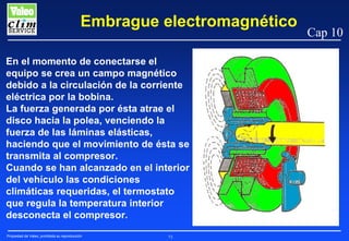 Embrague electromagnético
En el momento de conectarse el
equipo se crea un campo magnético
debido a la circulación de la corriente
eléctrica por la bobina.
La fuerza generada por ésta atrae el
disco hacia la polea, venciendo la
fuerza de las láminas elásticas,
haciendo que el movimiento de ésta se
transmita al compresor.
Cuando se han alcanzado en el interior
del vehículo las condiciones
climáticas requeridas, el termostato
que regula la temperatura interior
desconecta el compresor.
Propiedad de Valeo, prohibida su reproducción

73

Cap 10

 