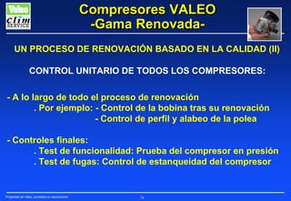 Compresores VALEO
-Gama RenovadaUN PROCESO DE RENOVACIÓN BASADO EN LA CALIDAD (II)
CONTROL UNITARIO DE TODOS LOS COMPRESORES:
- A lo largo de todo el proceso de renovación
. Por ejemplo: - Control de la bobina tras su renovación
- Control de perfil y alabeo de la polea
- Controles finales:
. Test de funcionalidad: Prueba del compresor en presión
. Test de fugas: Control de estanqueidad del compresor

Propiedad de Valeo, prohibida su reproducción

76

 