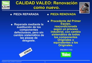 CALIDAD VALEO: Renovación
como nuevo.

G

G

PIEZA REPARADA
Reparada mediante la
sustitución de los
componentes
defectuosos, pero sin
cambio sistemático de
las piezas de
desgaste.

OT

Propiedad de Valeo, prohibida su reproducción

PIEZA RENOVADA

G

G

Procedente del Primer
Equipo,
reacondicionada
según un proceso
industrial, con cambio
sistemático de todos
los componentes
Originales o
equivalentes a los
Originales.
PRODUCTO

OS
R

79

 