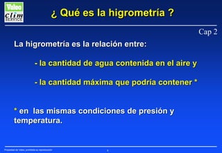¿ Qué es la higrometría ?
Cap 2
La higrometría es la relación entre:
- la cantidad de agua contenida en el aire y
- la cantidad máxima que podría contener *
* en las mismas condiciones de presión y
temperatura.

Propiedad de Valeo, prohibida su reproducción

8

 