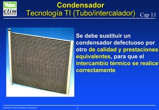 Condensador
Tecnología TI (Tubo/intercalador)

Cap 11

Se debe sustituir un
condensador defectuoso por
otro de calidad y prestaciones
equivalentes, para que el
intercambio térmico se realice
correctamente

Propiedad de Valeo, prohibida su reproducción

87

 