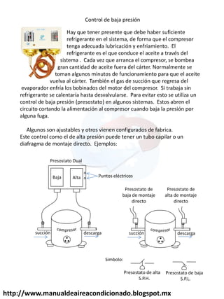 http://www.manualdeaireacondicionado.blogspot.mx
Control de baja presión
Hay que tener presente que debe haber suficiente
refrigerante en el sistema, de forma que el compresor
tenga adecuada lubricación y enfriamiento. El
refrigerante es el que conduce el aceite a través del
sistema . Cada vez que arranca el compresor, se bombea
gran cantidad de aceite fuera del cárter. Normalmente se
toman algunos minutos de funcionamiento para que el aceite
vuelva al cárter. También el gas de succión que regresa del
evaporador enfría los bobinados del motor del compresor. Si trabaja sin
refrigerante se calentaría hasta desvalvularse. Para evitar esto se utiliza un
control de baja presión (presostato) en algunos sistemas. Estos abren el
circuito cortando la alimentación al compresor cuando baja la presión por
alguna fuga.
Algunos son ajustables y otros vienen configurados de fabrica.
Este control como el de alta presión puede tener un tubo capilar o un
diafragma de montaje directo. Ejemplos:
Alta
Baja
succión descarga
Puntos eléctricos
succión descarga
Presostato de
baja de montaje
directo
Presostato de
alta de montaje
directo
Presostato Dual
Simbolo:
Presostato de alta
S.P.H.
Presostato de baja
S.P.L.
 