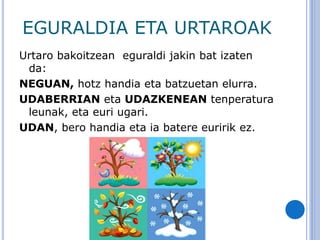 EGURALDIA ETA URTAROAK
Urtaro bakoitzean eguraldi jakin bat izaten
da:
NEGUAN, hotz handia eta batzuetan elurra.
UDABERRIAN eta UDAZKENEAN tenperatura
leunak, eta euri ugari.
UDAN, bero handia eta ia batere euririk ez.
 
