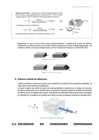 Esfuerzo y deformación
Escuela Profesional de Ingeniería de Minas
35
Dependiendo de que la fuerza interna actúe perpendicularmente o paralelamente al área del elemento
considerado los esfuerzos pueden ser normales (fuerza perpendicular al área), cortantes (tangenciales o de
cizalladura, debido a una fuerza paralela al área), como se muestra en las figuras 8 y 9 (SALAZAR, 2001).
Figura 2. 11: Esfuerzo normal.
Figura 2. 12: Esfuerzo cortante.
B. Esfuerzocortantedeadherencia
Cuando el esfuerzo cortante se produce en la superficie de contacto de dos elementos diferentes, se
suele referir como esfuerzo de adherencia.
La figura muestra una varilla de acero que está parcialmente contenida en un bloque de concreto.
Cuando la varilla recibe en su extremo libre una fuerza P, el concreto sostiene a la varilla con esfuerzos
de adherencia en la superficie de contacto. Si la porción de varilla dentro del concreto tiene una longitud
L y diámetro d, la superficie de contacto será Ld y por tanto el esfuerzo cortante se calculará como:
Figura 2. 13: Esfuerzo de adherencia
2.3. ESFUERZOS EN CONEXIONES EMPERNADAS
 