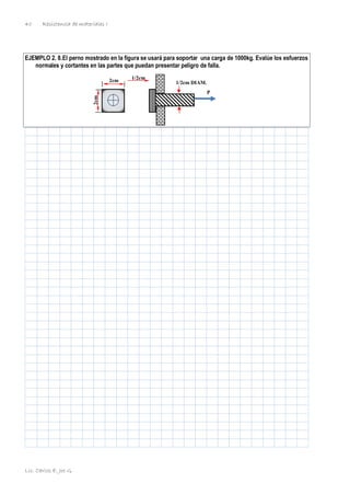 Resistencia de materiales I
Lic. Carlos E. Joo G.
40
EJEMPLO 2. 8.El perno mostrado en la figura se usará para soportar una carga de 1000kg. Evalúe los esfuerzos
normales y cortantes en las partes que puedan presentar peligro de falla.
P
2cm
2cm
1/2cm
1/2cm DIAM.
 