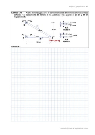 Esfuerzo y deformación
Escuela Profesional de Ingeniería de Minas
43
EJEMPLO 2. 10. Para los elementos y pasadores de la armadura mostrada determine los esfuerzos normales,
cortantes y de aplastamiento. El diámetro de los pasadores y los agujeros es 2.5 cm y 3.0 cm
respectivamente.
SOLUCION:
 