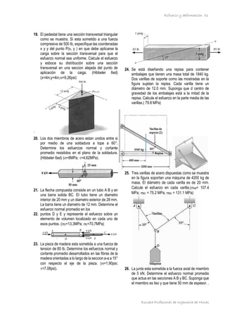 Esfuerzo y deformación
Escuela Profesional de Ingeniería de Minas
51
19. El pedestal tiene una sección transversal triangular
como se muestra. Si esta sometido a una fuerza
compresiva de 500 Ib, especifique las coordenadas
x y y del punto P(x, y ) en que debe aplicarse la
carga sobre la sección transversal para que el
esfuerzo normal sea uniforme. Calcule el esfuerzo
y esboce su distribución sobre una sección
transversal en una seccion alejada del punto de
aplicación de la caiga. (Hibbeler 6ed)
(x=4in;y=4in;=9,26psi)
`
20. Los dos miembros de acero estan unidos entre si
por medio de una soldadura a tope a 60°.
Determine los esfuerzos normal y cortante
promedio resistidos en el plano de la soldadura.
(Hibbeler 6ed) (=8MPa; =4,62MPa).
21. La flecha compuesta consiste en un tubo A B y en
una barra solida BC. El tubo tiene un diametro
interior de 20 mm y un diametro exterior de 28 mm.
La barra tiene un diametro de 12 mm. Determine el
esfuerzo normal promedio en los
22. puntos D y E y represente el esfuerzo sobre un
elemento de volumen localizado en cada uno de
esos puntos. (D=13,3MPa; E=70,7MPa)
23. La pieza de madera esta sometida a una fuerza de
tension de 85 Ib. Determine los esfuerzos normal y
cortante promedio desarrollados en las fibras de la
madera orientadas a lo largo de la seccion a-a a 15°
con respecto el eje de la pieza. (=1,90psi;
=7,08psi).
24. Se está diseñando una repisa para contener
embalajes que tienen una masa total de 1840 kg.
Dos varillas de soporte como las mostradas en la
figura sujetan la repisa. Cada varilla tiene un
diámetro de 12.0 mm. Suponga que d centro de
gravedad de los embalajes está a la mitad de la
repisa. Calcule el esfuerzo en la parte media de las
varillas.( 79.8 MPa)
25. Tres varillas de acero dispuestas como se muestra
en la figura soportan una máquina de 4200 kg de
masa. El diámetro de cada varilla es de 20 mm.
Calcule el esfuerzo en cada varilla.(AB= 107.4
MPa; BC = 75.2 MPa; BD = 131.1 MPa)
26. La junta esta sometida a la fuerza axial de miembro
de 5 kN. Determine el esfuerzo normal promedio
que actua en las secciones A B y BC. Suponga que
el miembro es liso y que tiene 50 mm de espesor. .
 