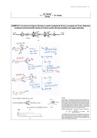 Esfuerzo y deformación
Escuela Profesional de Ingeniería de Minas
31
𝐥 =
𝟔𝟐, 𝟓𝐩𝐮𝐥𝐠𝟐
𝟓𝐩𝐮𝐥𝐠
= 𝟏𝟐, 𝟓𝐩𝐮𝐥𝐠
EJEMPLO 2. 4.La barra en la figura l-16a tiene un ancho constante de 35 mm y un espesor de 10 mm. Determine
el esfuerzo normal promedio máximo en la barra cuando ella esta sometida a las cargas mostradas.
 