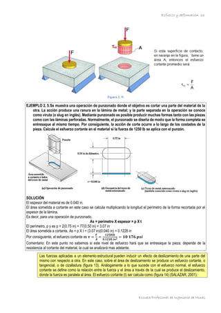Esfuerzo y deformación
Escuela Profesional de Ingeniería de Minas
33
Figura 2. 9:
EJEMPLO 2. 5.Se muestra una operación de punzonado donde el objetivo es cortar una parte del material de la
otra. La acción produce una ranura en la lámina de metal; y la parte separada en la operación se conoce
como viruta (o slug en inglés). Mediante punzonado es posible producir muchas formas tanto con las piezas
como con las láminas perforadas. Normalmente, el punzonado se diseña de modo que la forma completa se
entresaque al mismo tiempo. Por consiguiente, la acción de corte ocurre a lo largo de los costados de la
pieza. Calcule el esfuerzo cortante en el material si la fuerza de 1250 Ib se aplica con el punzón.
SOLUCIÓN
El espesor del material es de 0.040 in.
El área sometida a cortante en este caso se calcula multiplicando la longitud el perímetro de la forma recortada por el
espesor de la lámina.
Es decir, para una operación de punzonado,
As = perímetro X espesor = p X t
El perímetro, p y es p = 2(0.75 in) + 77(0.50 in) = 3.07 in
El área sometida a cortante, As = p X t = (3.07 in)(0.040 in) = 0.1228 in
Por consiguiente, el esfuerzo cortante es 𝝉 =
𝑭
𝑨
=
𝟏𝟐𝟓𝟎𝒍𝒃
𝟎,𝟏𝟐𝟐𝟖 𝒊𝒏𝟐 = 𝟏𝟎 𝟏𝟕𝟔 𝒑𝒔𝒊
Comentario: En este punto no sabemos si este nivel de esfuerzo hará que se entresaque la pieza; depende de la
resistencia al cortante del material, la cual se analizará mas adelante.
Las fuerzas aplicadas a un elemento estructural pueden inducir un efecto de deslizamiento de una parte del
mismo con respecto a otra. En este caso, sobre el área de deslizamiento se produce un esfuerzo cortante, o
tangencial, o de cizalladura (figura 13). Análogamente a lo que sucede con el esfuerzo normal, el esfuerzo
cortante se define como la relación entre la fuerza y el área a través de la cual se produce el deslizamiento,
donde la fuerza es paralela al área. El esfuerzo cortante (t) ser calcula como (figura 14) (SALAZAR, 2001):
 