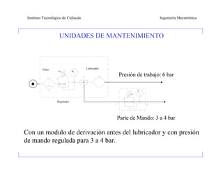 Instituto Tecnológico de Culiacán                                  Ingeniería Mecatrónica



                    UNIDADES DE MANTENIMIENTO



          Filtro                     Lubricador

                                                  Presión de trabajo: 6 bar



                   Regulador




                                                  Parte de Mando: 3 a 4 bar

Con un modulo de derivación antes del lubricador y con presión
de mando regulada para 3 a 4 bar.
 