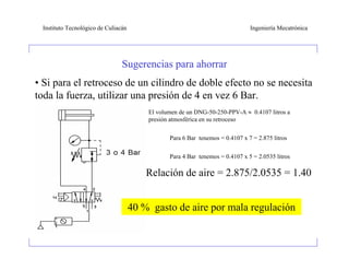 Instituto Tecnológico de Culiacán                                             Ingeniería Mecatrónica




                                Sugerencias para ahorrar
• Si para el retroceso de un cilindro de doble efecto no se necesita
toda la fuerza, utilizar una presión de 4 en vez 6 Bar.
                                         El volumen de un DNG-50-250-PPV-A  0.4107 litros a
                                         presión atmosférica en su retroceso


                                                Para 6 Bar tenemos = 0.4107 x 7 = 2.875 litros


                                                Para 4 Bar tenemos = 0.4107 x 5 = 2.0535 litros

                                         Relación de aire = 2.875/2.0535 = 1.40


                                     40 % gasto de aire por mala regulación
 