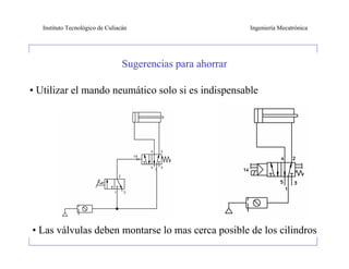 Instituto Tecnológico de Culiacán                         Ingeniería Mecatrónica




                                  Sugerencias para ahorrar

• Utilizar el mando neumático solo si es indispensable




• Las válvulas deben montarse lo mas cerca posible de los cilindros
 