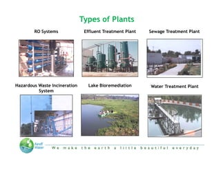 Types of Plants
        RO Systems              Effluent Treatment Plant    Sewage Treatment Plant




Hazardous Waste Incineration      Lake Bioremediation       Water Treatment Plant
          System




                       “We make the Earth a little beautiful everyday”
 