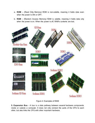 a. ROM – (Read Only Memory) ROM is non-volatile, meaning it holds data even 
when the power is ON or OFF. 
b. RAM – (Random Access Memory) RAM is volatile, meaning it holds data only 
when the power is on. When the power is off, RAM's contents are lost. 
Figure 4. Examples of RAM 
5. Expansion Bus - A bus is a data pathway between several hardware components 
inside or outside a computer. It does not only connect the parts of the CPU to each 
other, but also links the CPU with other important hardware. 
 