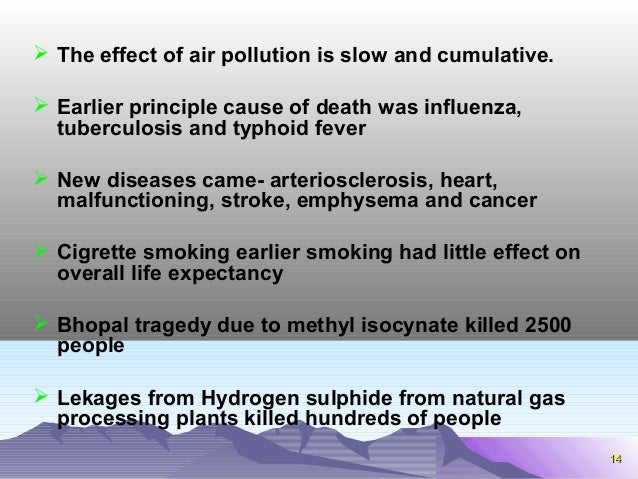 1144 
 The effect of air pollution is slow and cumulative. 
 Earlier principle cause of death was influenza, 
tuberculos...