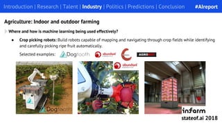 ● Crop picking robots: Build robots capable of mapping and navigating through crop fields while identifying
and carefully picking ripe fruit automatically.
Introduction | Research | Talent | Industry | Politics | Predictions | ConclusionIntroduction | Research | Talent | Industry | Politics | Predictions | Conclusion
Agriculture: Indoor and outdoor farming
Selected examples:
Where and how is machine learning being used effectively?
#AIreport
stateof.ai 2018
 