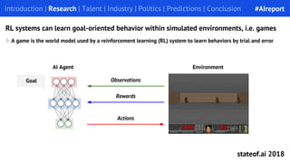 A game is the world model used by a reinforcement learning (RL) system to learn behaviors by trial and error
Introduction | Research | Talent | Industry | Politics | Predictions | Conclusion
RL systems can learn goal-oriented behavior within simulated environments, i.e. games
Observations
Rewards
Actions
EnvironmentAI Agent
Goal
#AIreport
stateof.ai 2018
 