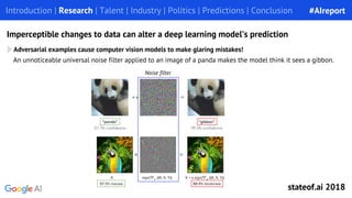 An unnoticeable universal noise filter applied to an image of a panda makes the model think it sees a gibbon.
Adversarial examples cause computer vision models to make glaring mistakes!
Introduction | Research | Talent | Industry | Politics | Predictions | Conclusion
Imperceptible changes to data can alter a deep learning model’s prediction
Noise filter
#AIreport
stateof.ai 2018
 