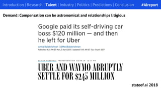 Introduction | Research | Talent | Industry | Politics | Predictions | Conclusion
Demand: Compensation can be astronomical and relationships litigious
#AIreport
stateof.ai 2018
 