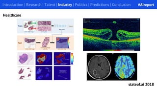 Introduction | Research | Talent | Industry | Politics | Predictions | ConclusionIntroduction | Research | Talent | Industry | Politics | Predictions | Conclusion
Healthcare
#AIreport
stateof.ai 2018
 