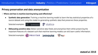 ● Obfuscating sensitive data: Detect sensitive data fields and anonymise them while preserving the
important features of a dataset such that machine learning models can still learn useful information.
● Synthetic data generation: Training a machine learning model to learn the key statistical properties of a
source dataset and using the model to generating synthetic data that preserves these properties.
Introduction | Research | Talent | Industry | Politics | Predictions | ConclusionIntroduction | Research | Talent | Industry | Politics | Predictions | Conclusion
Privacy preservation and data anonymisation
Selected examples:
Where and how is machine learning being used effectively?
Selected examples:
#AIreport
stateof.ai 2018
 