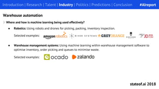 Introduction | Research | Talent | Industry | Politics | Predictions | ConclusionIntroduction | Research | Talent | Industry | Politics | Predictions | Conclusion
Warehouse automation
● Warehouse management systems: Using machine learning within warehouse management software to
optimise inventory, order picking and queues to minimise waste.
Selected examples:
Where and how is machine learning being used effectively?
● Robotics: Using robots and drones for picking, packing, inventory inspection.
Selected examples:
#AIreport
stateof.ai 2018
 