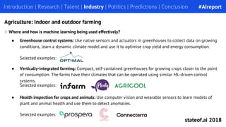● Health inspection for crops and animals: Use computer vision and wearable sensors to learn models of
plant and animal health and use them to detect anomalies.
● Greenhouse control systems: Use native sensors and actuators in greenhouses to collect data on growing
conditions, learn a dynamic climate model and use it to optimise crop yield and energy consumption.
Introduction | Research | Talent | Industry | Politics | Predictions | ConclusionIntroduction | Research | Talent | Industry | Politics | Predictions | Conclusion
Agriculture: Indoor and outdoor farming
● Vertically-integrated farming: Compact, self-contained greenhouses for growing crops closer to the point
of consumption. The farms have their climates that can be operated using similar ML-driven control
systems.
Selected examples:
Where and how is machine learning being used effectively?
Selected examples:
Selected examples:
#AIreport
stateof.ai 2018
 
