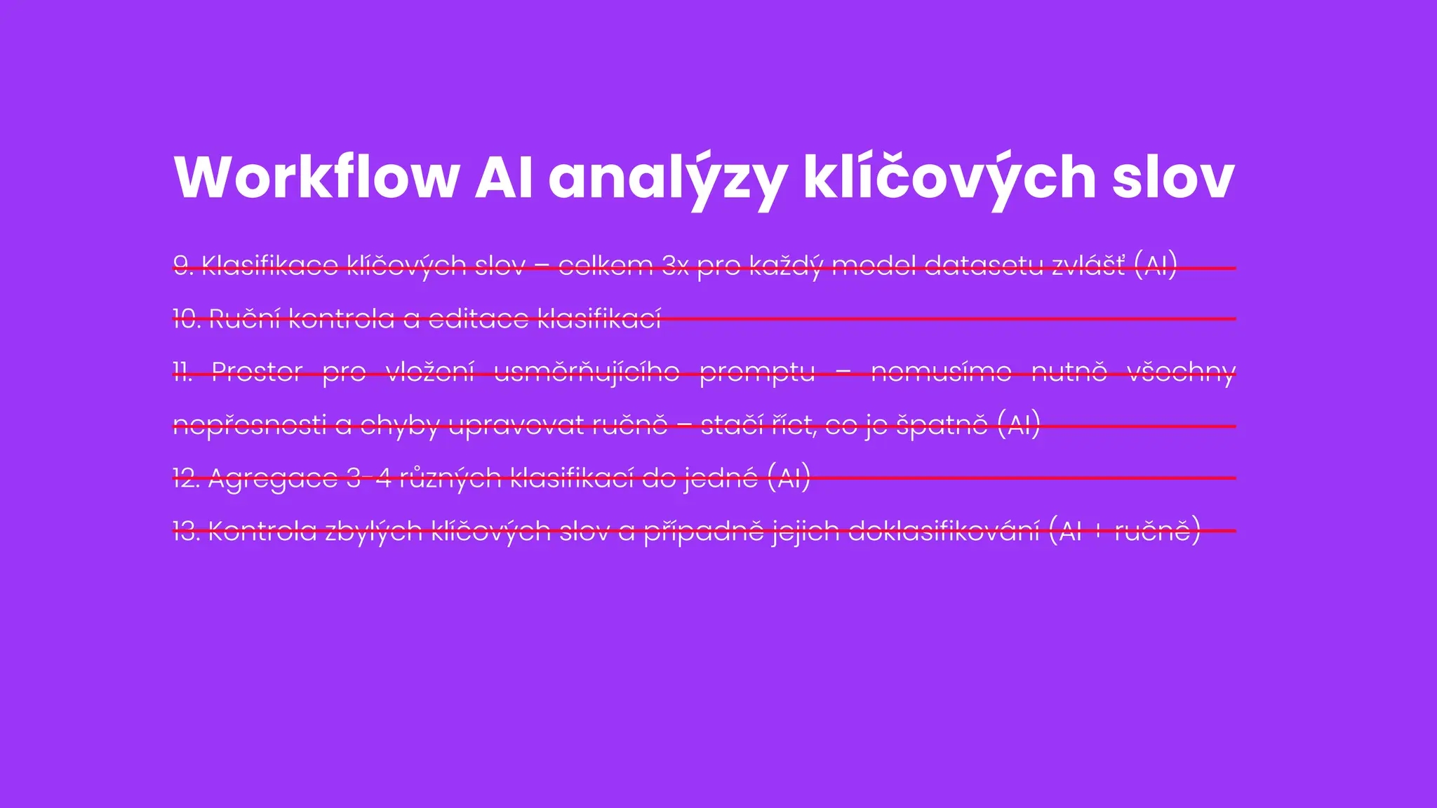 9. Klasifikace klíčových slov – celkem 3x pro každý model datasetu zvlášť (AI)
10. Ruční kontrola a editace klasifikací
11. Prostor pro vložení usměrňujícího promptu – nemusíme nutně všechny
nepřesnosti a chyby upravovat ručně – stačí říct, co je špatně (AI)
12. Agregace 3-4 různých klasifikací do jedné (AI)
13. Kontrola zbylých klíčových slov a případně jejich doklasifikování (AI + ručně)
Workflow AI analýzy klíčových slov
 
