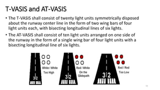 T-VASIS and AT-VASIS
• The T-VASIS shall consist of twenty light units symmetrically disposed
about the runway center line in the form of two wing bars of four
light units each, with bisecting longitudinal lines of six lights.
• The AT-VASIS shall consist of ten light units arranged on one side of
the runway in the form of a single wing bar of four light units with a
bisecting longitudinal line of six lights.
53
 