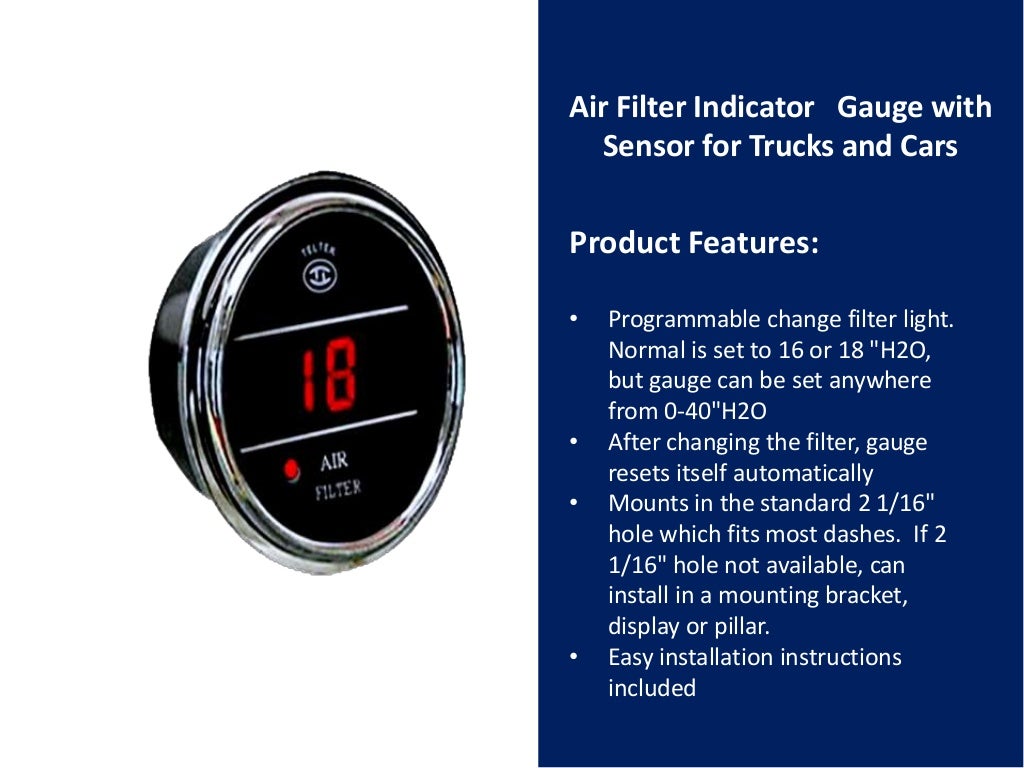 Air filter indicator gauge with sensor for trucks and cars air filter
