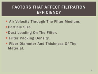  Air Velocity Through The Filter Medium.
Particle Size.
Dust Loading On The Filter.
 Filter Packing Density.
 Fiber Diameter And Thickness Of The
Material.
FACTORS THAT AFFECT FILTRATION
EFFICIENCY
13
 