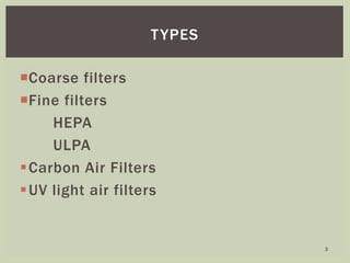Coarse filters
Fine filters
HEPA
ULPA
Carbon Air Filters
UV light air filters
TYPES
3
 