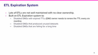 ETL Expiration System
14
• Lots of ETLs are not well maintained with no clear ownership.
• Built an ETL Expiration system to:
‒ Disabled DAGs with expired TTLs (DAG owner needs to renew the TTL every six
months).
‒ Disabled DAGs that produced unused datasets
‒ Disabled DAGs that are failing for a long time
 